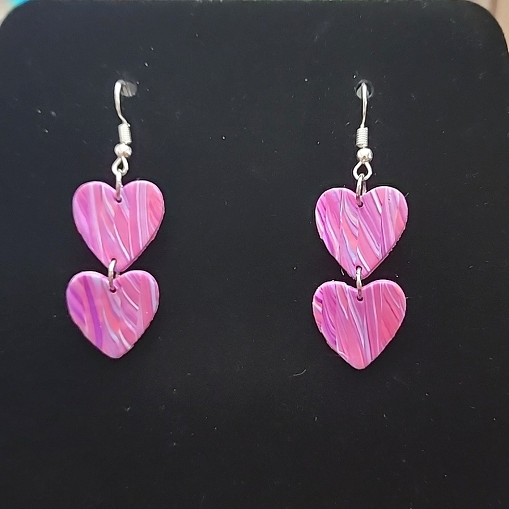 Clay Polymer Pink Heart Woodgrained Earrings